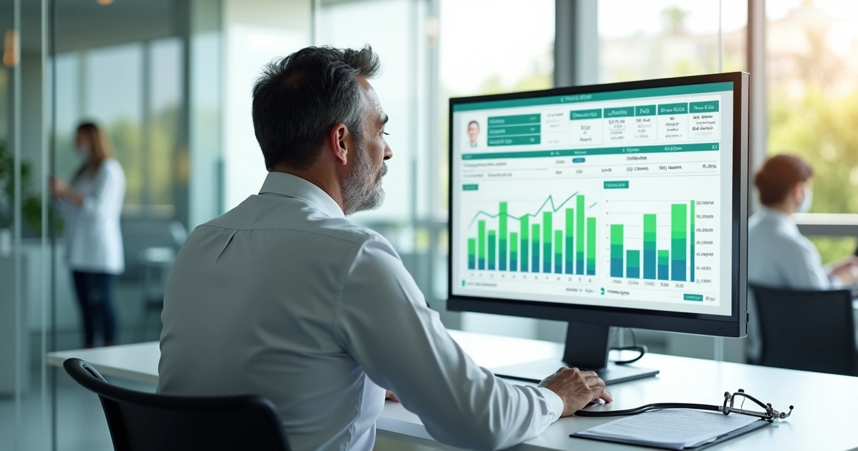 Gestor de clínica médica analisando fluxo de caixa em painel financeiro digital