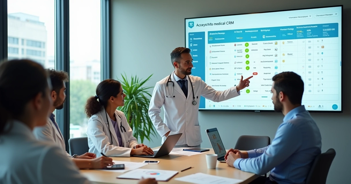 Equipe de clínica reunida diante de painel digital com linha do tempo de pacientes