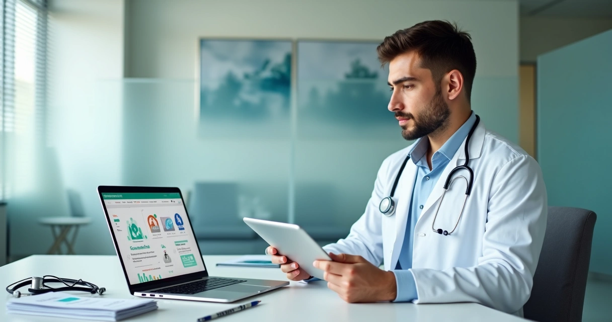 Médico usando tablet analisando estratégia de marketing digital em ambiente clínico
