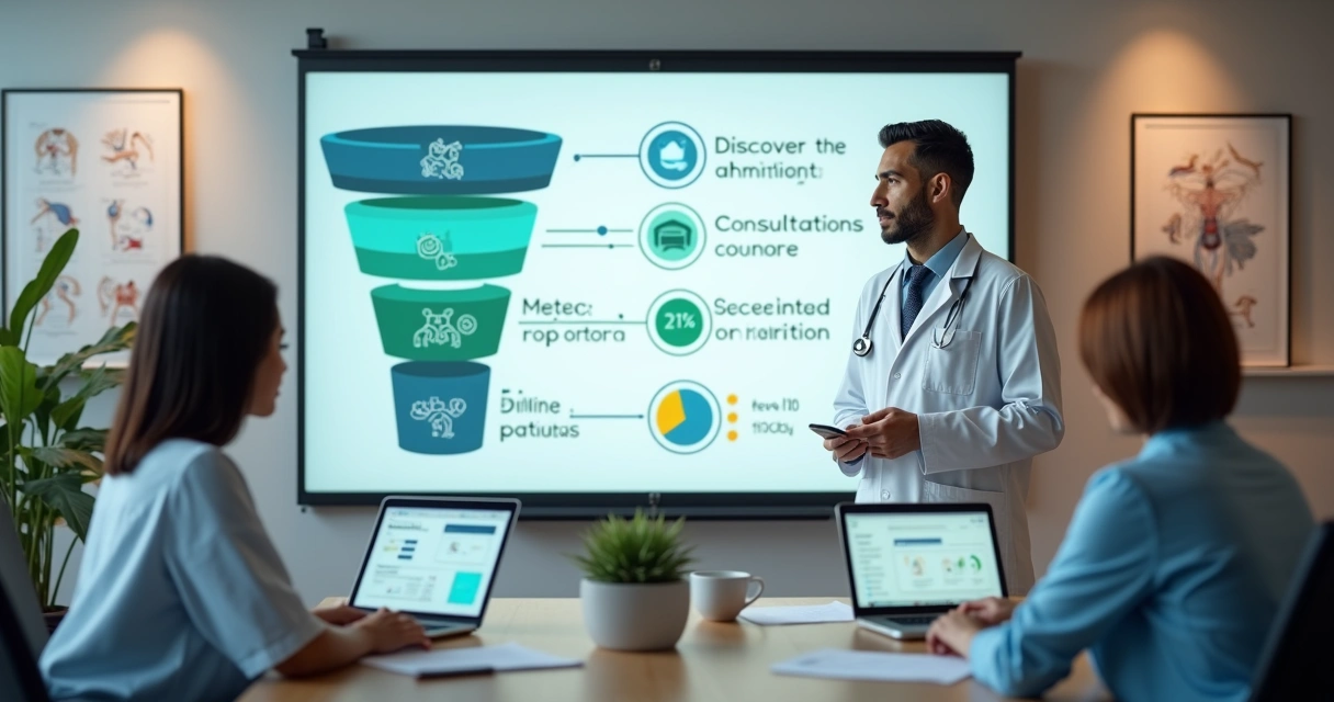 Médico apontando para quadro com funil de pacientes em clínica médica