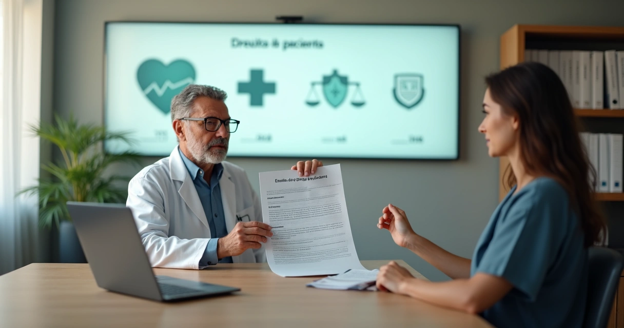 Médico e paciente revisando documento de direitos em consultório moderno
