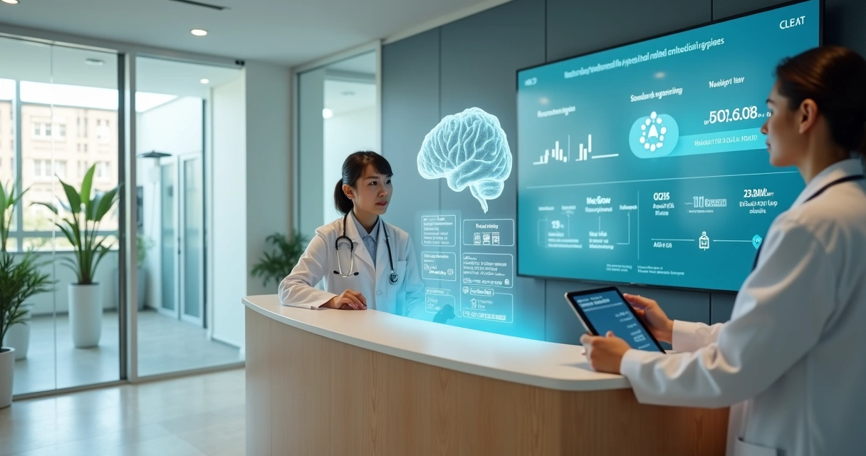 Recepção de clínica moderna com médica e secretária usando telas com inteligência artificial