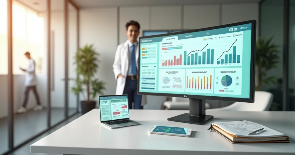 Gestor de clínica médica analisando dashboard financeiro em consultório moderno