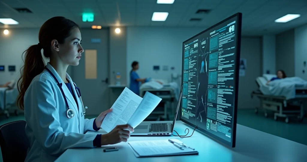 Médica e sistema de IA comparando diagnóstico em pronto-socorro