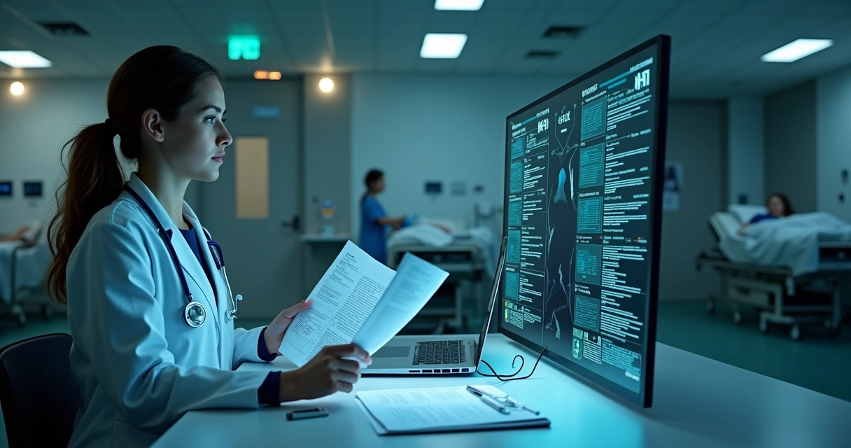 Médica e sistema de IA comparando diagnóstico em pronto-socorro