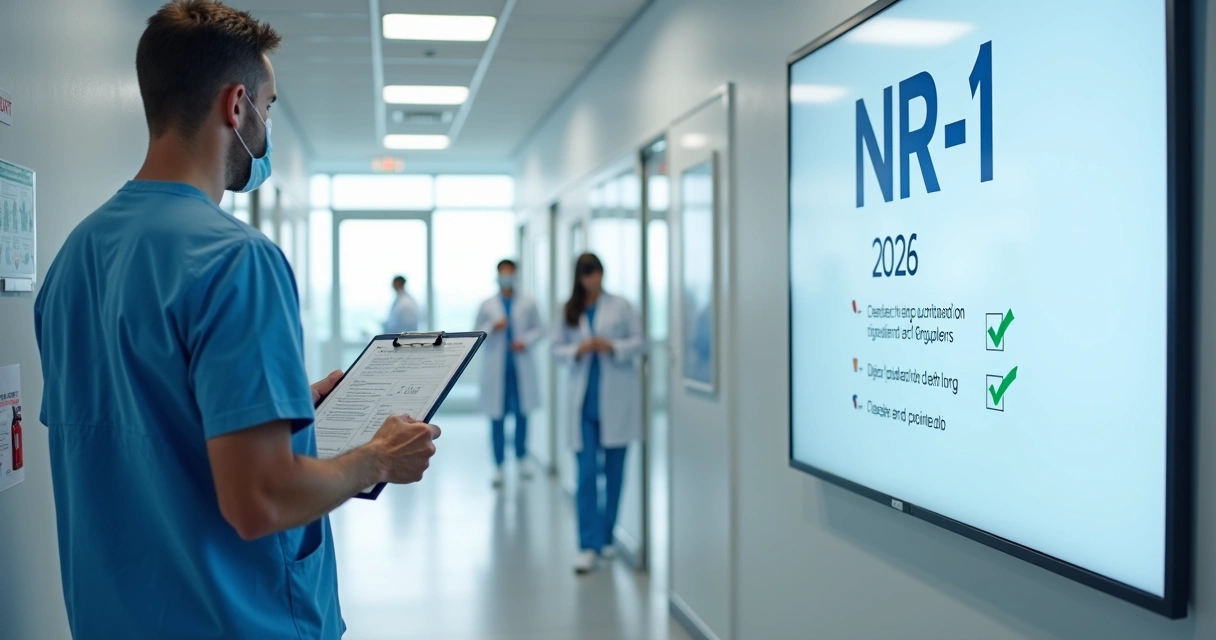 Fiscal de segurança visto de costas inspecionando clínica médica com prancheta