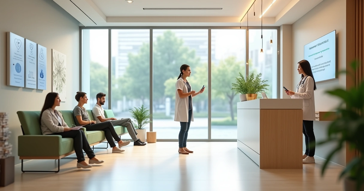 Recepção de clínica médica acolhedora com pacientes aguardando em ambiente moderno
