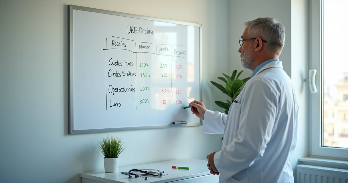 Médico gestor desenhando DRE de clínica em quadro branco com gráficos e números