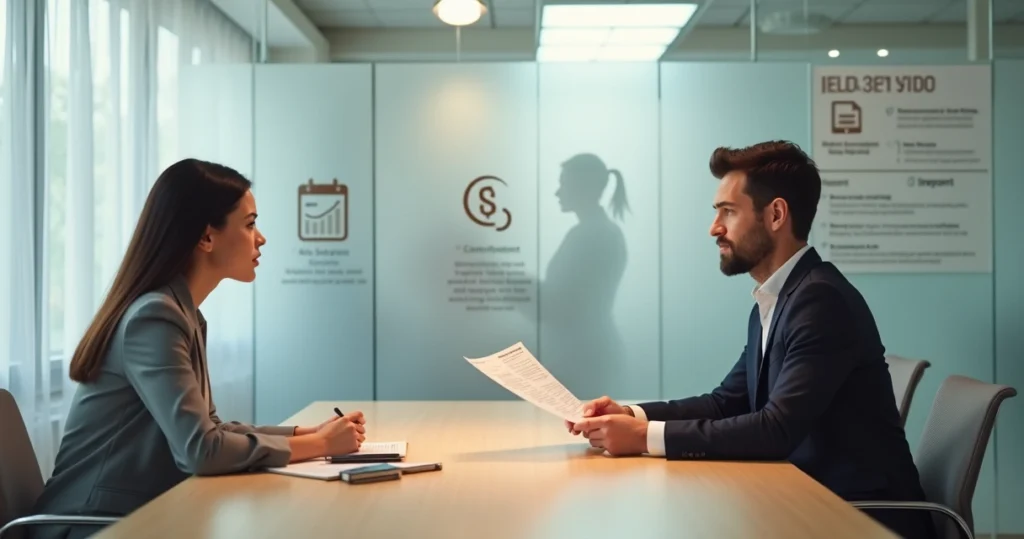 Gestor entrevistando candidata a recepcionista de clínica médica em sala moderna