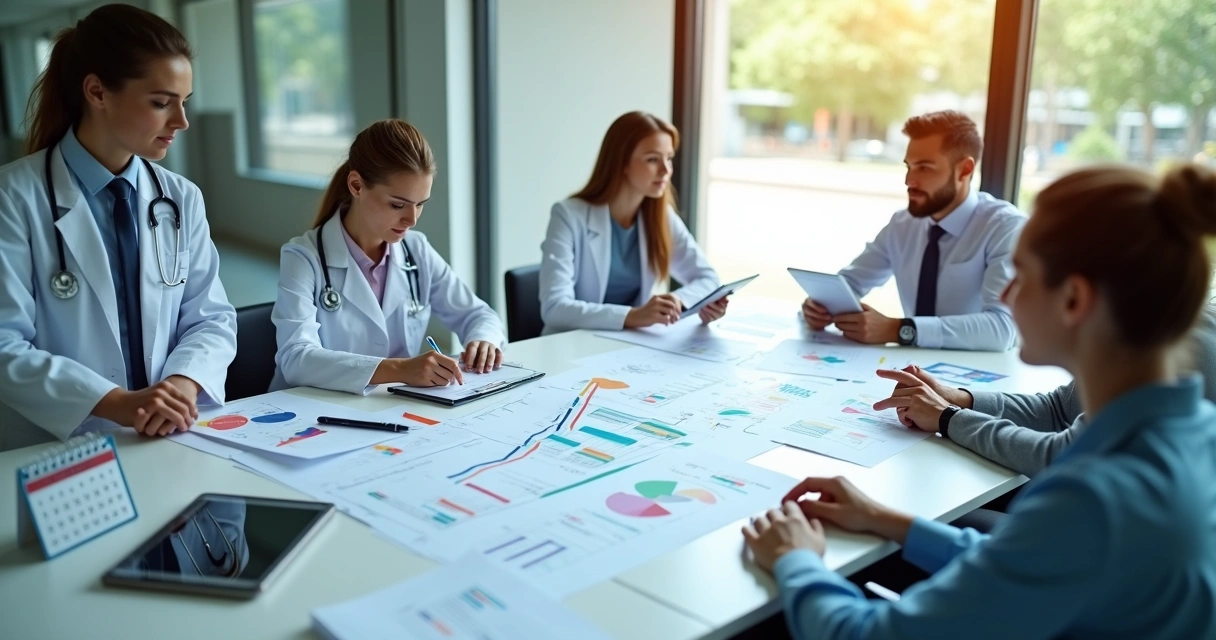 Equipe de clínica médica reunida em mesa em formato de seta para cima representando crescimento da clínica