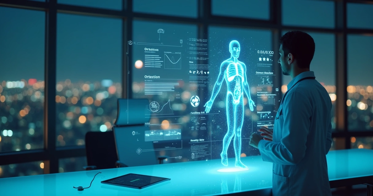Médico observando projeção holográfica de inteligência artificial em ambiente de saúde