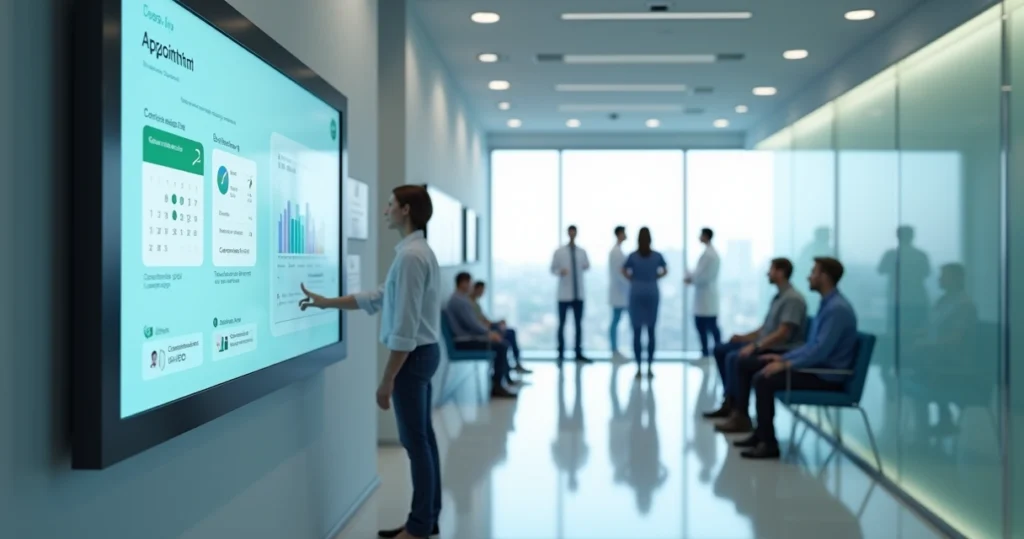Corredor de clínica com fluxo de pacientes e telas digitais de agendamento e dados
