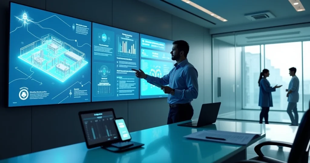 Gestor de clínica analisando grande painel digital com ícones de atendimento automatizado e WhatsApp