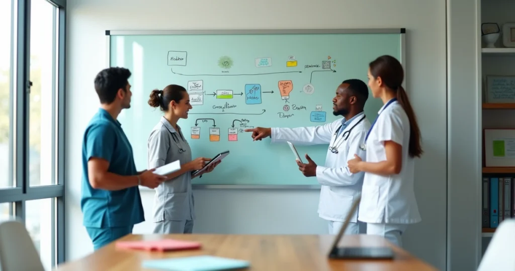 Equipe de clínica médica em pé ao redor de quadro com fluxograma de atendimento