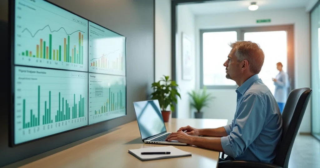 Gestor de clínica analisando gráficos financeiros em painel digital ao lado de consultório