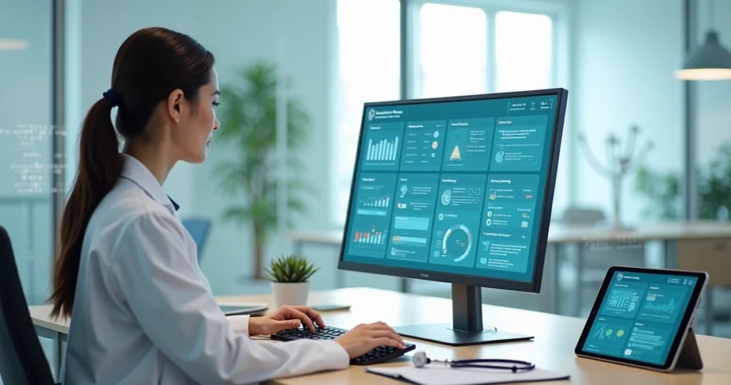 Médica usando computador e tablet com painel de inteligência artificial na clínica