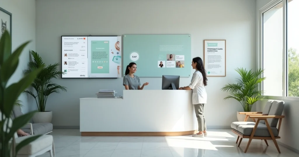 Recepção de clínica médica com painel digital mostrando agenda de pacientes e avaliações online