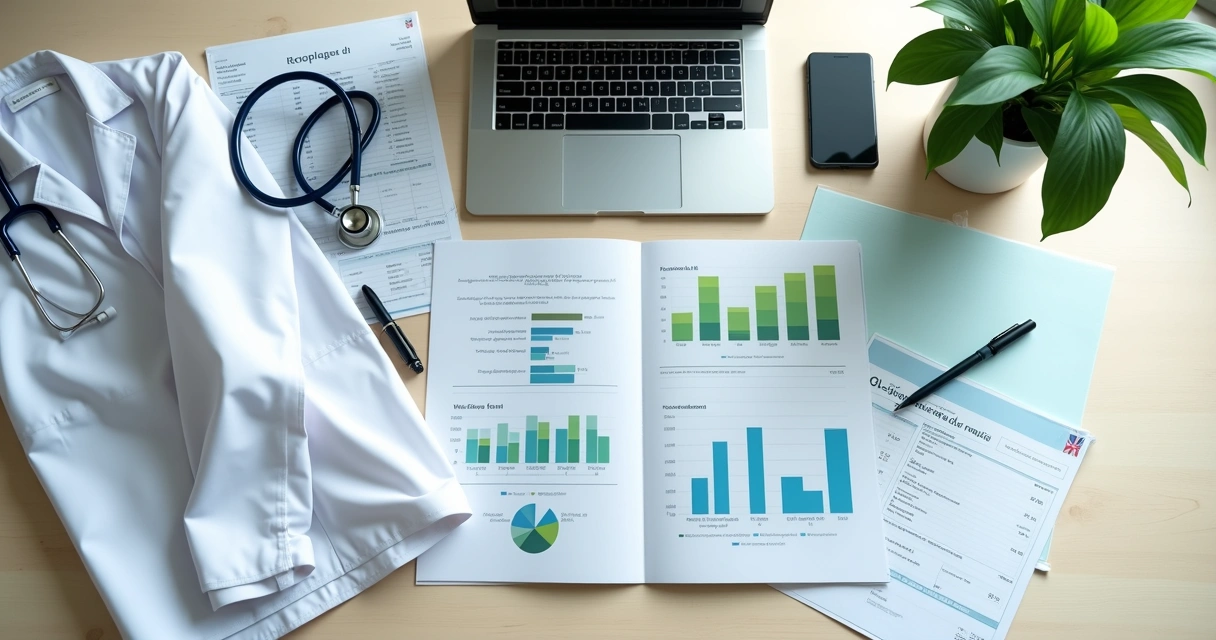 Mesa de clínica com objetos financeiros, prontuário e tablet com gráficos