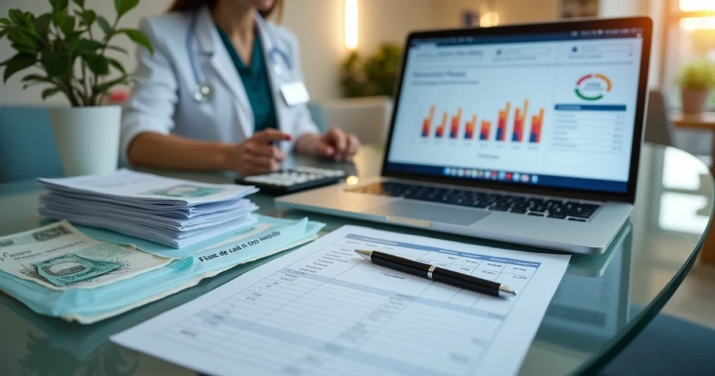 Secretária de clínica organizando fluxo de caixa com notebook e dinheiro em mesa de vidro